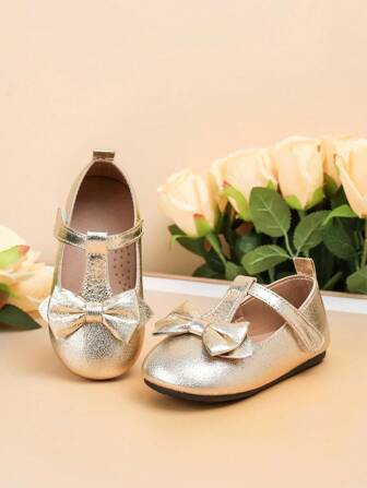2025 New Fashion Baby Flat Shoes, 1 Pair Gold Color Children Flat Shoes, Toddler Party Bowknot Shoes For Girls