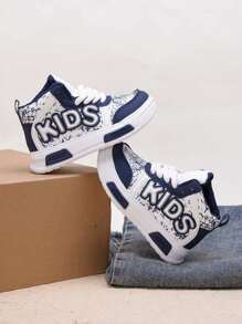 1 双中性儿童高帮平底休闲运动鞋，儿童软底防滑皮革透气运动鞋，百搭时尚跑鞋，适合春、夏、秋、冬 - 藍色 - 查看 7