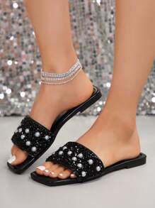 大码女式一脚蹬水钻装饰露趾凉鞋，休闲百搭户外塑料平底凉鞋防滑，女士春夏季家居拖鞋