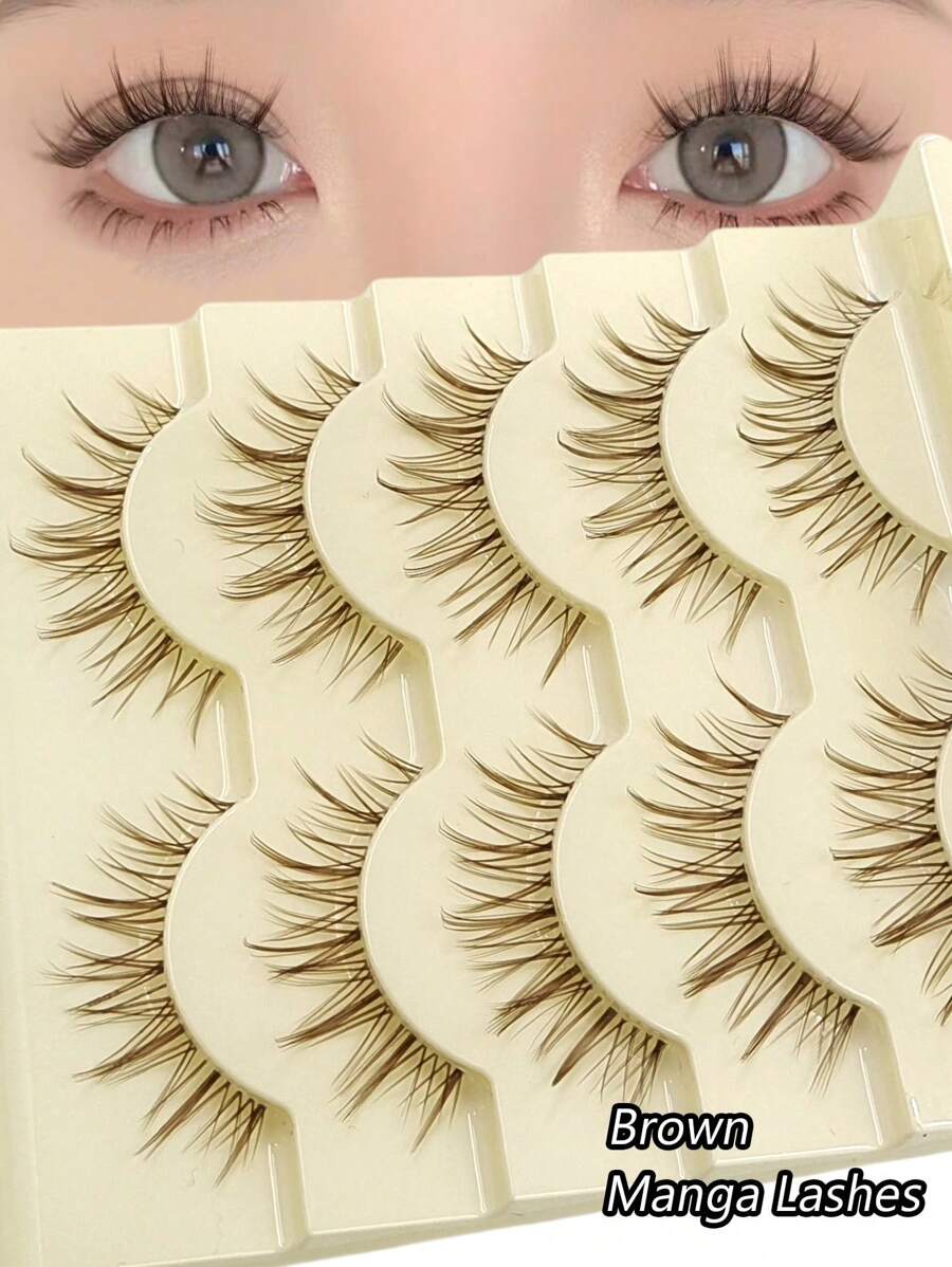 Asiteo 5 Pairs Cartoon Style Brown False Eyelashes, Soft And Lightweight, Comfortable To Wear, Transparent Lash Band, Suitable For Daily Makeup - 尖尾漫畫款 - 查看 1