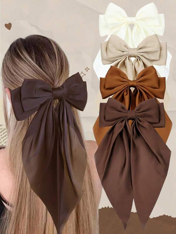 4Pcs Large Big Oversized Satin Hair Bows With Long Tail Brown Series Elegant Bow Hair Clips French Barrettes Hair Clips Accessories For Women Daily Wear Suitable For Festival Valentine's Day Gifts For Women Outdoor Decor Claw Clips, School Stuff