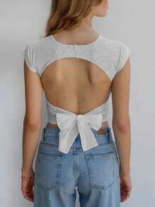 Women Cute Crop T-Shirts Casual Summer Solid Color Tie Up Backless Basic Cap Sleeve Tops For Streetwear - 灰色 - 查看 6