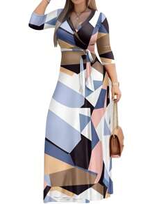 SANOPY Dresses For Women,Wedding Guest Dresses For Women,Women's V-Neck Three-Quarter Sleeve Tie Pocket Print Dress - 棕色 - 查看 3