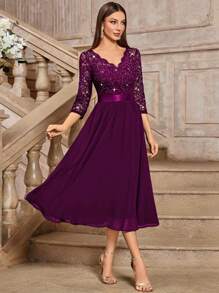 MIUSOL Elegant V-Neck Sequin Floral Lace Ruched Chiffon 3/4 Sleeve Evening Party Long Dress