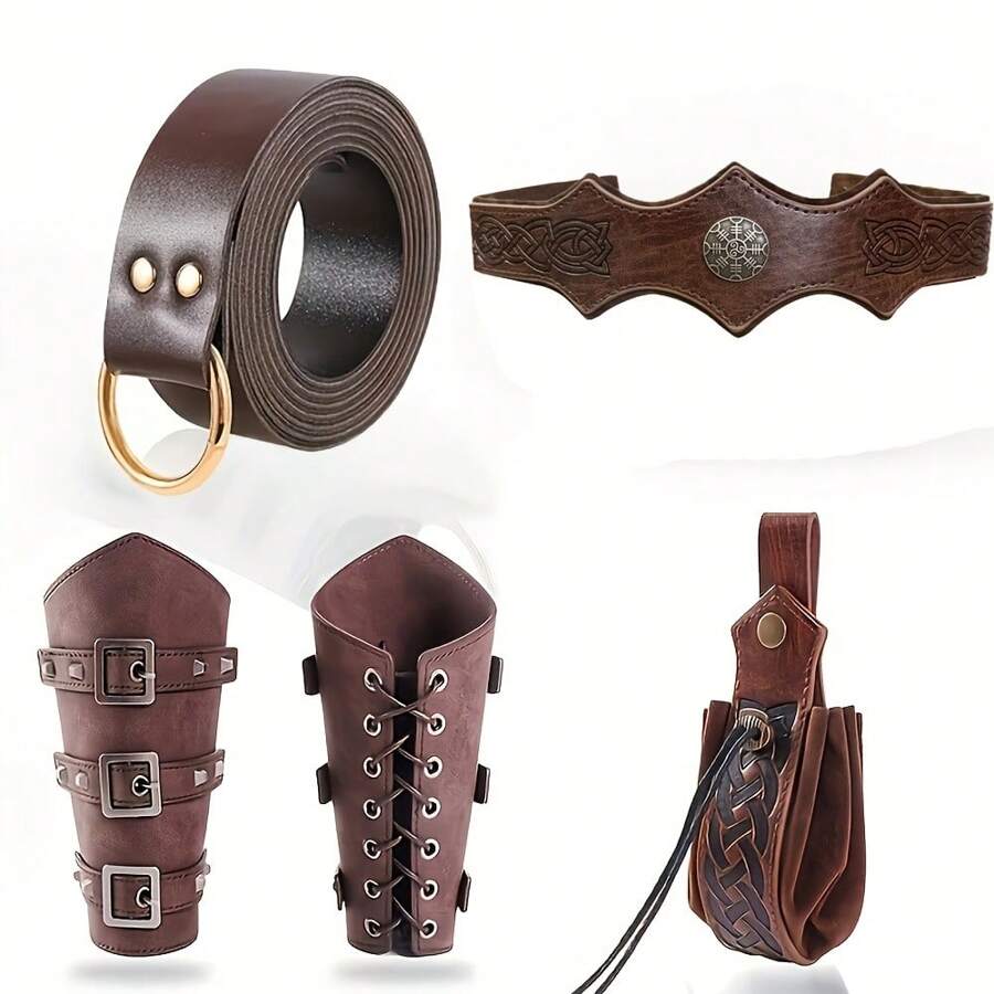 4pcs Casual PU Leather Vintage Medieval Alchemist & Viking Warrior Costume Set, Includes Headpiece, Wristbands And Belt, Perfect For Holidays, Cosplay Parties, Suitable For All Seasons, Black Faux Leather - A - View 1