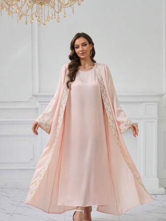 2 piezas Elegante abaya de manga larga con bordado floral y decoración con lentejuelas para mujeres, modesta