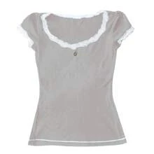 Women Y2K Lace Trim Pointelle Crop Tops Scoop Neck Short Sleeve T Shirts Baby Tee Aesthetic Clothes Going Out - 灰色 - 查看 1