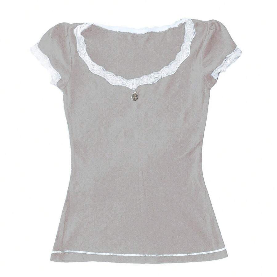 Women Y2K Lace Trim Pointelle Crop Tops Scoop Neck Short Sleeve T Shirts Baby Tee Aesthetic Clothes Going Out - 灰色 - 查看 1