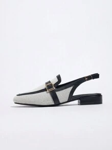 2025秋季女士时尚露趾拖鞋凉鞋，低跟拼色穆勒鞋，春夏帆布鞋杏色，乐福鞋 - 杏色 - 查看 7