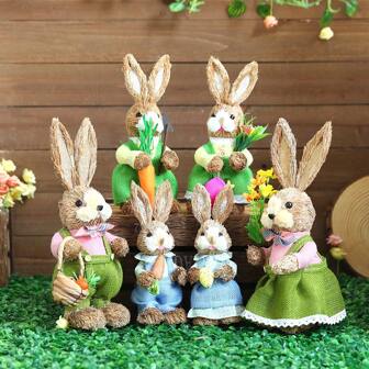 1 PIEZA Conejo de Pascua grande de pie, estatuas de conejitos de paja verde hechos a mano para la mesa, lindos accesorios para fotos, regalos para oficina, cocina, granja, manualidades artificiales y decoración para el hogar de primavera