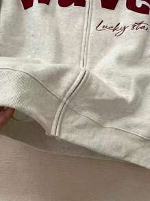 Sudadera de mujer de manga larga con cremallera y bordado de letras(Plano por dentro, sin cepillar) - Gris Claro - Ver 4