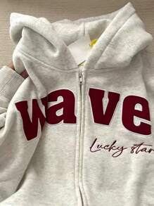 Sudadera de mujer de manga larga con cremallera y bordado de letras(Plano por dentro, sin cepillar) - Gris Claro - Ver 1