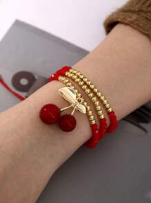 1pc Valentine's Day Y2K Creative Fashion Elegant Multi-Layer Resin Copper Cherry Strawberry Beaded Pendant Woven Bracelet Maas Red Lady Husband And Wife Sisters Couples Jewelry Gifts, Suitable For Daily Gifts Party Date Party Festival Wear Red Jewelry Adjustable Size,Mom,Mother,Mother's Day,Gift
