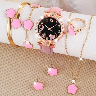 7 件套粉色 PU 皮革女孩手表、四叶草手链、项链、耳环和戒指套装