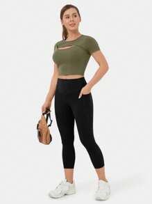 Leggings décontractés à taille haute avec poches, couleur unie, pour un port quotidien