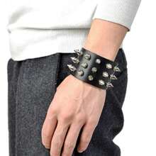 Xiacheng 1/6pcs Set Rivet Skull Devil Black Punk Rock Goth Motorcycle Adjustable Wide Leather Bracelet Unisex - Black - View 11