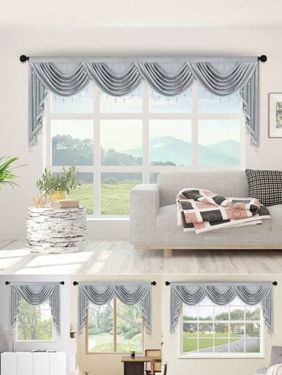 1st grå fönstergardin med polyestermaterial i europeisk stil Vågformig design och pärlkant, lämplig för dekoration av vardagsrum och sovrum