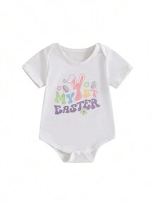 Baby Girls Boys Rompers Easter Clothes Rabbit Ear Letter Print Short Sleeve Summer Bodysuits Jumpsuits - White - View 1