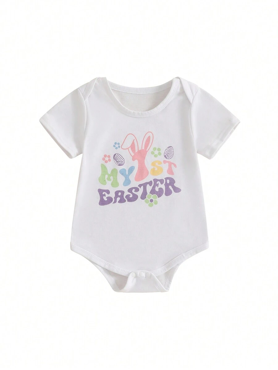 Baby Girls Boys Rompers Easter Clothes Rabbit Ear Letter Print Short Sleeve Summer Bodysuits Jumpsuits - White - View 1