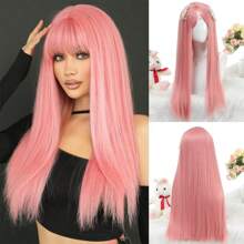 Peluca de pelo largo y liso de color rosa sintético, para disfraz de Lolita femenina en festividades