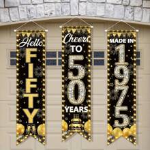 3 piezas Pancartas para fiesta de 50 cumpleaños, decoraciones de 50 cumpleaños para hombres y mujeres negro y oro, letreros de porche 1975, pancartas de felicitación por 50 años, telones de fondo colgantes negro y oro, decoración de 50 cumpleaños para puertas y paredes