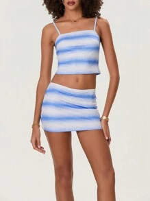 Women's 2 Piece Summer Set, Gradient Striped Square Neck Crop Cami Tops Low Waist Mini Skirt For Party Club - 藍色 - 查看 5