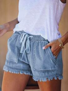 Womens Jean Shorts For Denim Casual Summer Drawstring Comfy Elastic Mid Waist Frayed Stretchy Ripped - Màu xanh nhạt - Xem 2