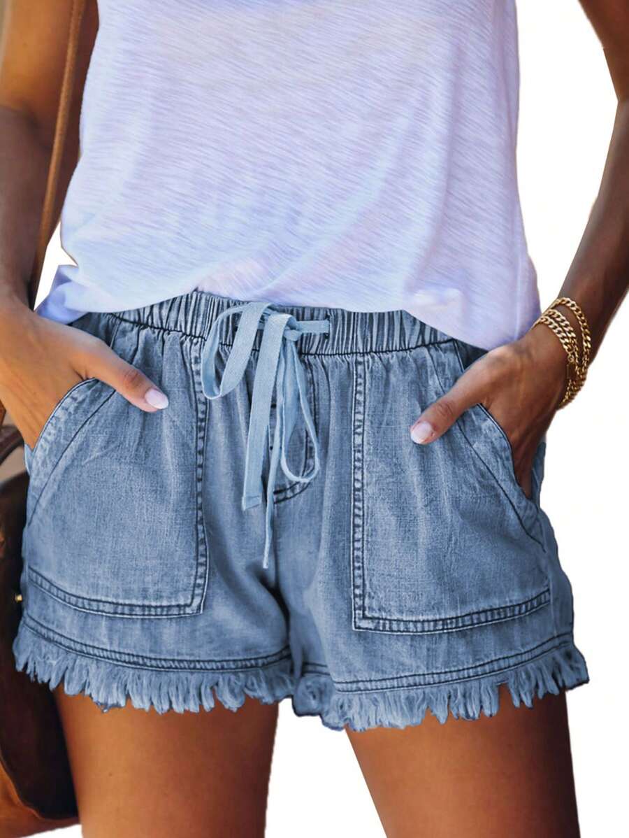 Womens Jean Shorts For Denim Casual Summer Drawstring Comfy Elastic Mid Waist Frayed Stretchy Ripped - Màu xanh nhạt - Xem 1