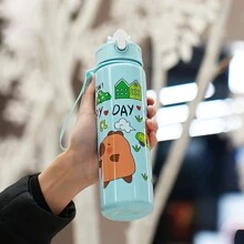 1pc 700ml/23OZ Cute Cartoon Capybara Themed Outdoor Casual Sports Water Bottle With Straw And Cup Lid, Leak-Proof, Shockproof, With Woven Handle Strap, Portable For Outdoor Camping, School, Holiday Gifts, Birthday Presents