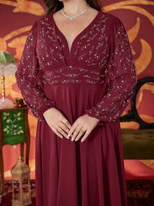 Plus Size V-Neck Solid Color Heavily Embellished With Rhinestones Elegant High Waisted Long Sleeve Dress - Burgundy - View 9