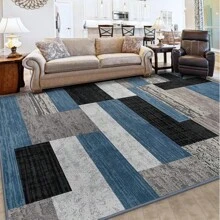 Modern Geometric Patchwork Rug, 6x9 Blue Large Rug For Living Room, Rockwood Collection Interior Rug For Bedroom, Entrance Dining Room Office Throwing Rug Floor Decoration - Màu xanh lam - Xem 2
