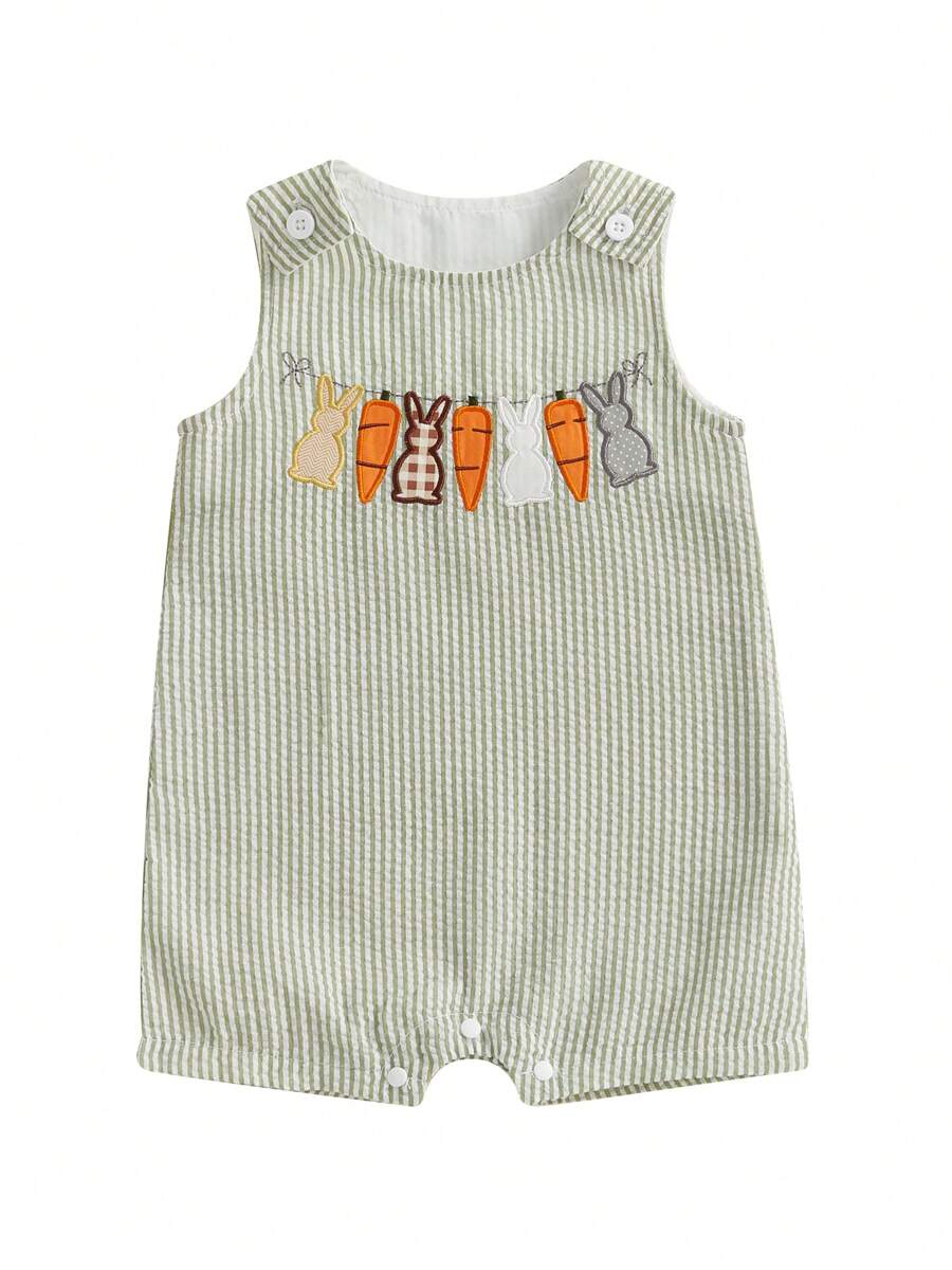 Toddler Girls Boys Clothes Ovrealls Rompers Easter Clothes Rabbit Carrot Embroidered Sleeveless Baby Bodysuits Jumpsuits - Green - View 1