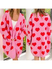 Women's Loose Knit Sweater Long Sleeve Drop Shoulder Open Front Heart Print Cardigan Fall Coat - 粉色 - 查看 6