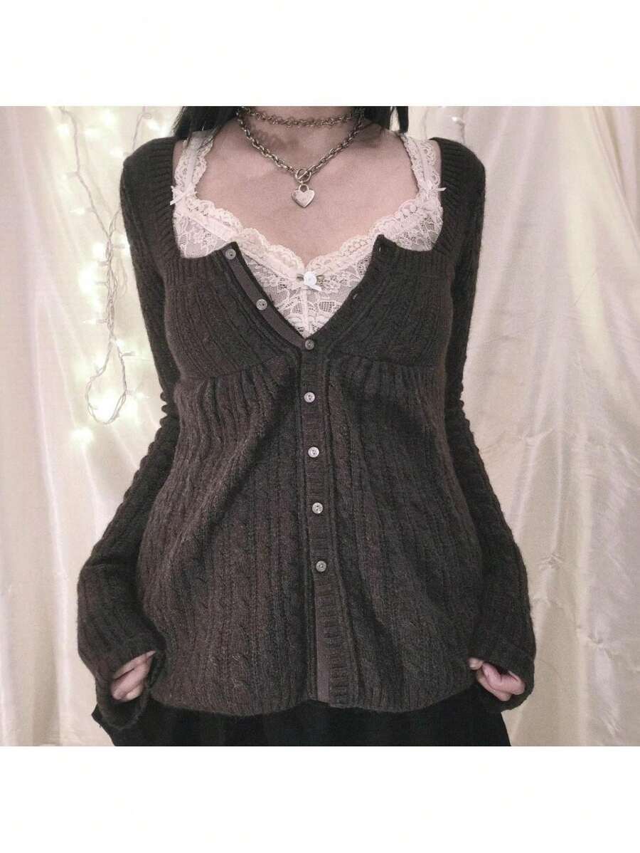 Y2K Fairy Grunge Knit Long Sleeve Tunic Tops Low Cut Peplum Babydoll Blouse Button Down Harajuku 90s Sweater - màu đen - Xem 1