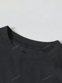 Camiseta negra holgada de mujer con cuello redondo, manga corta y diseño romántico de alas de corazón personalizado, estilo casual Y2K