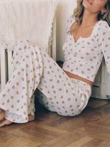 Women Pajama Set Heart/Bear Print Long Sleeve Crop Tops Elastic Waist Long Pants 2 Pcs Lounge Outfit