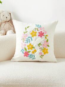 1pc Easter Wreath & Rabbit Embroidery Cushion Cover, Suitable For Indoor Decoration, Easter Decorative Pillowcase, Pillow Insert Not Included - Multicolor - View 2