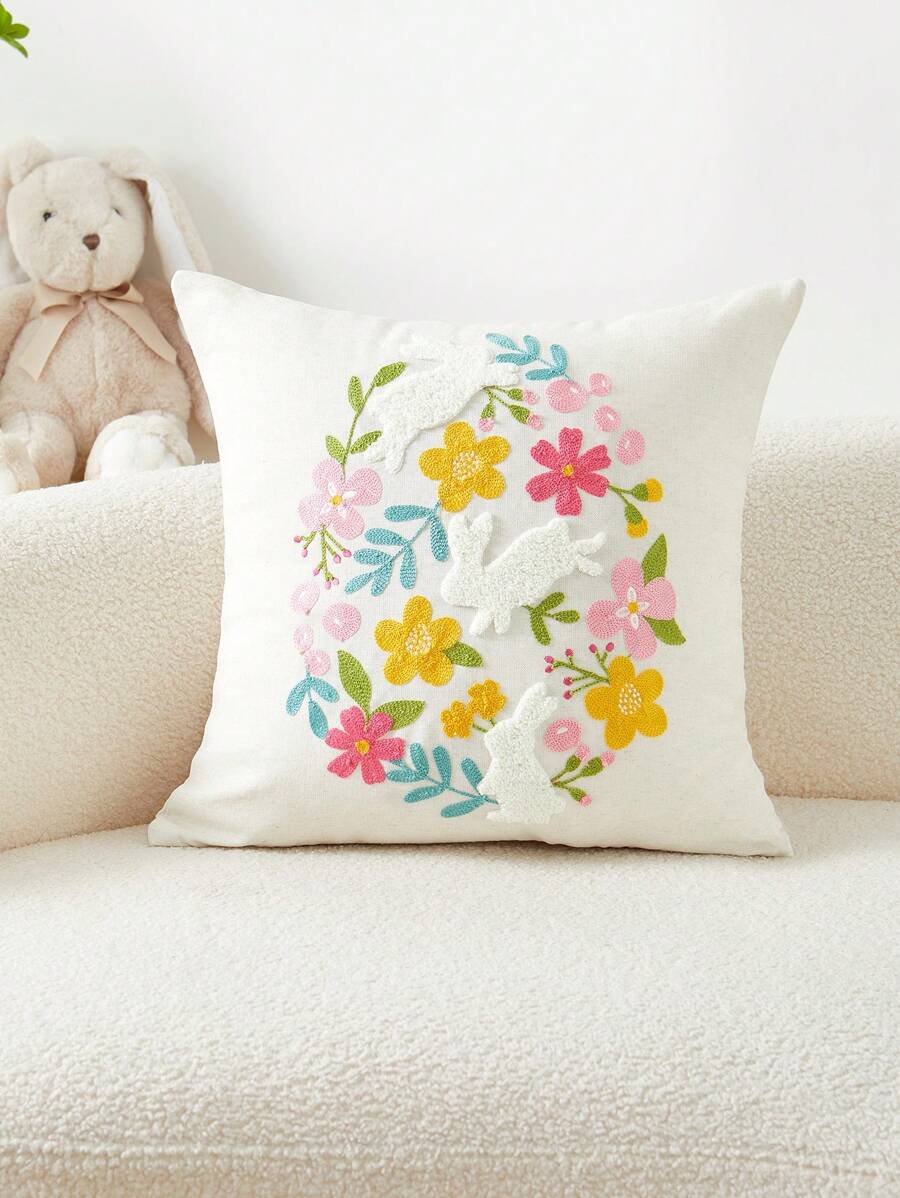 1pc Easter Wreath & Rabbit Embroidery Cushion Cover, Suitable For Indoor Decoration, Easter Decorative Pillowcase, Pillow Insert Not Included