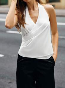 Women's Solid Color Criss-Cross Halter Back Shirt - White - View 3