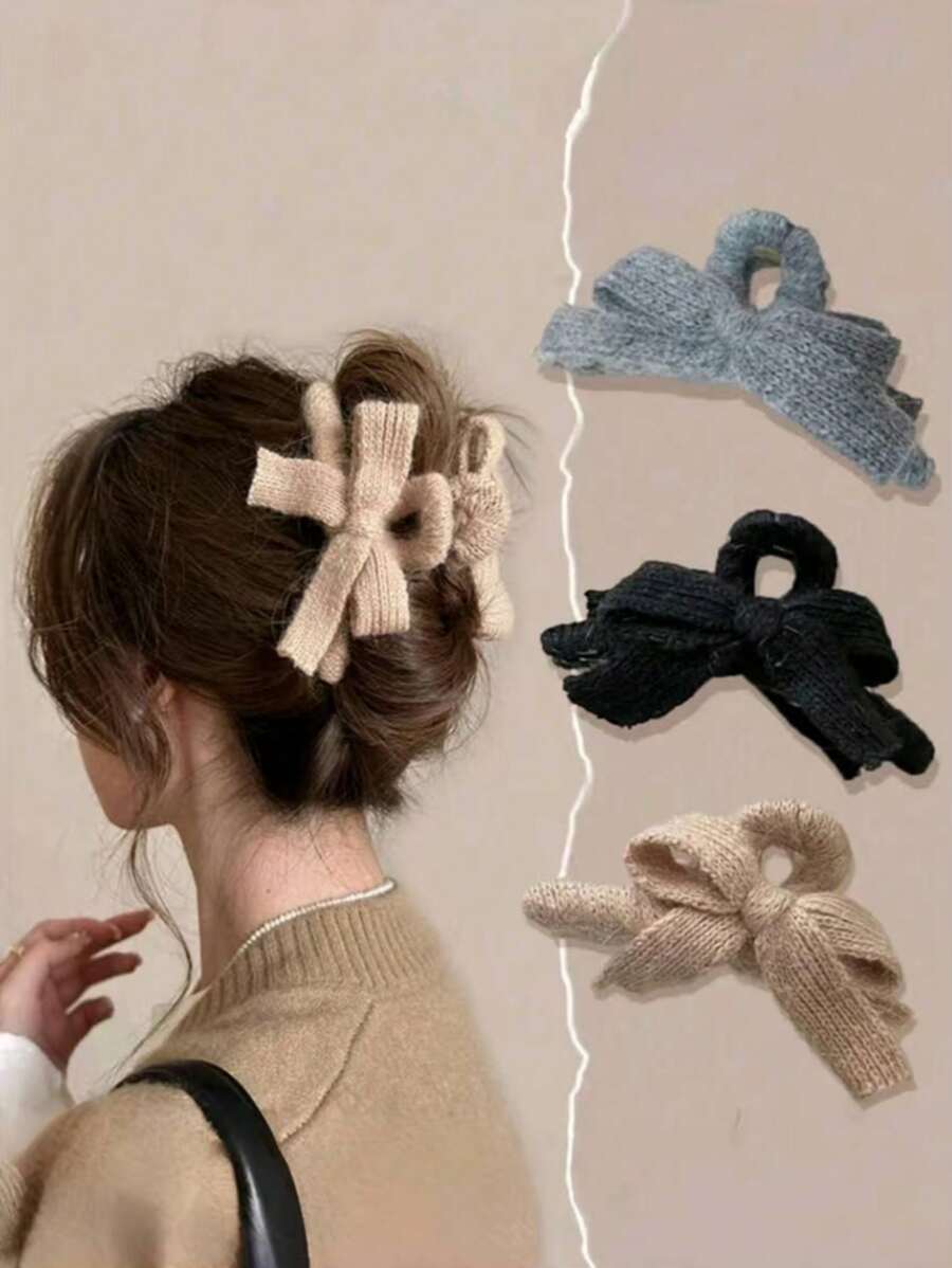 1 件女士温柔优雅针织双面蝴蝶结发夹爪，适合马尾辫发型，日常佩戴发饰，秋冬，波西米亚风格时尚发饰美容爪夹 - 彩色 - 查看 1