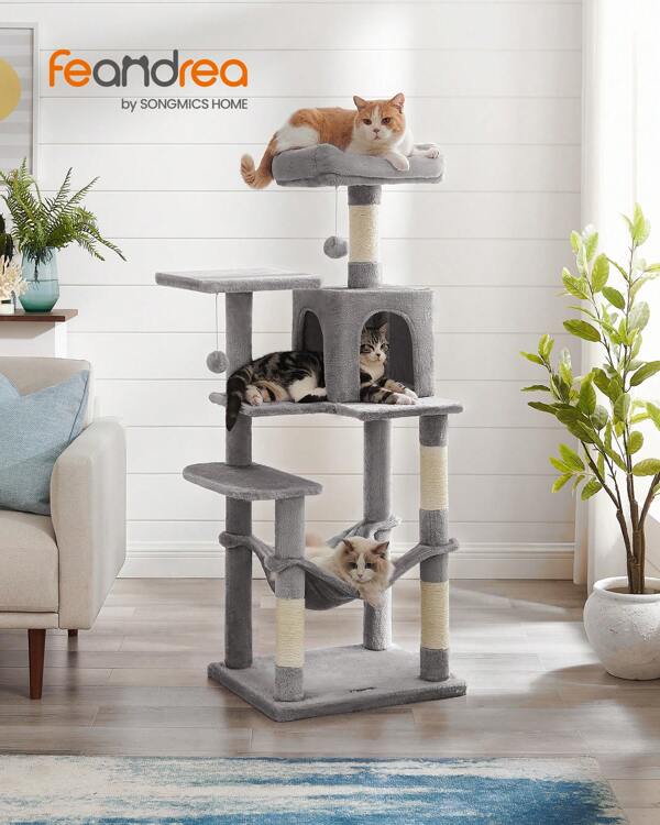 Feandrea Cat Tree, 143 Cm Cat Tower For Indoor Cats, Multi-Level Plush Cat Condo With 4 Scratching Posts, 2 Perches, Cave, Hammock, Pompoms, Light Grey
