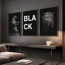 3 件奢华黑白墙艺术画野生豹帆布印刷画动物摄影时尚海报黑色美学装饰适用于卧室、客厅或办公室无框 - 彩色 - 查看 4