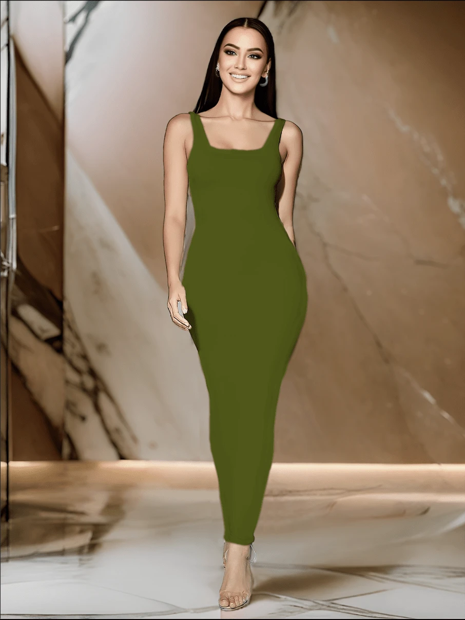 Women's Square Neck Fitted Long Dress - Green - View 1