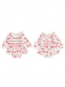 Baby Girl Spring Romper Dress Long Sleeve Ruffled Letter Embroidery Bow Print Jumpsuit - Red - View 9
