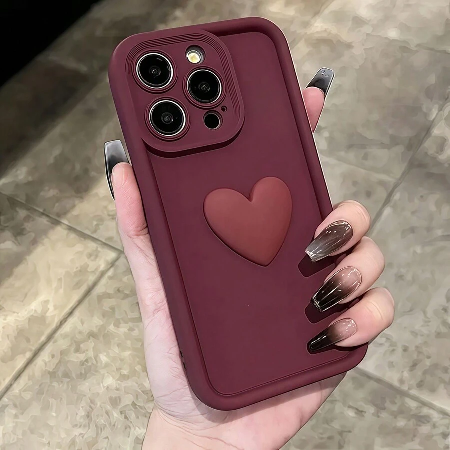 1pc Stepped Heart Pattern Solid Color Phone Case Compatible With IPhone - Burgundy - View 1