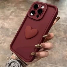 1pc Stepped Heart Pattern Solid Color Phone Case Compatible With IPhone - Burgundy - View 2