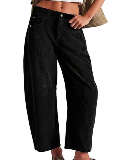 Women Capri Pants, Low Waist 3/4 Length Pants Corduroy Cropped Pants With Pockets For Casual Daily