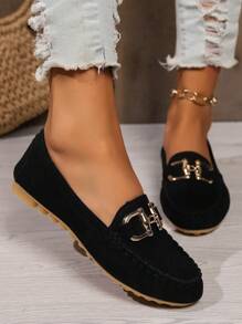 Fall/Winter New Slip-On Loafers, Solid Color, Versatile & Comfortable, Breathable, Metal Buckle Decor, Handmade Canvas Flat Boat Shoes For Women, Suitable For Daily Commute, Black,Sneakers For Women - Black - View 2