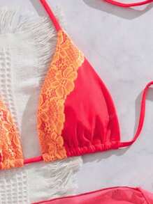 Nieuwe zachte effen kleur kant splicing spaghetti band halter rugloze elegante party bikini set met wikkelrok, vrouwen zomer strand mode bikini