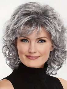 Women's Fluffy 10 Inch Fashionable Middle-Aged & Elderly Mom Short Curly Wig With Side Bangs, Natural White/Silver Grey